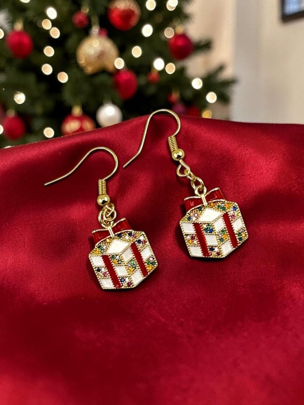 18K Gold Filled Christmas Gift Box Earrings Enamel CZ Dangle Handmade